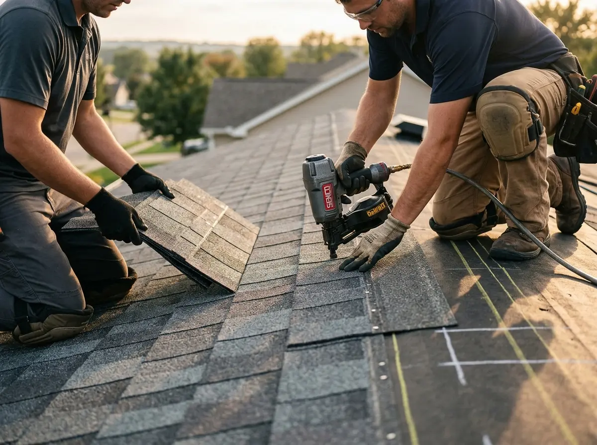 Professional roofer working on a residential roof in West Point
